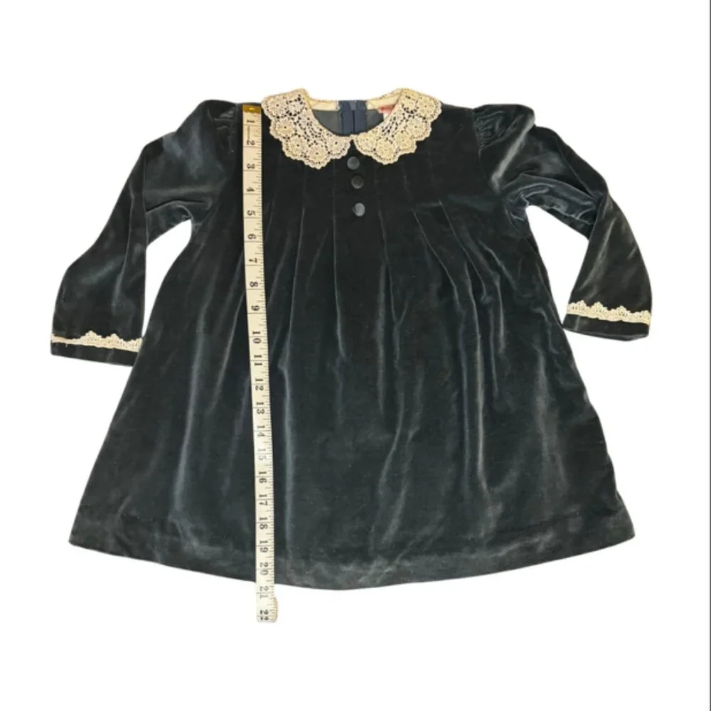 Vintage Beatique Girls Velvet Dress Size 5 –Blue Holiday Dress with Lace Collar - Picture 3 of 9
